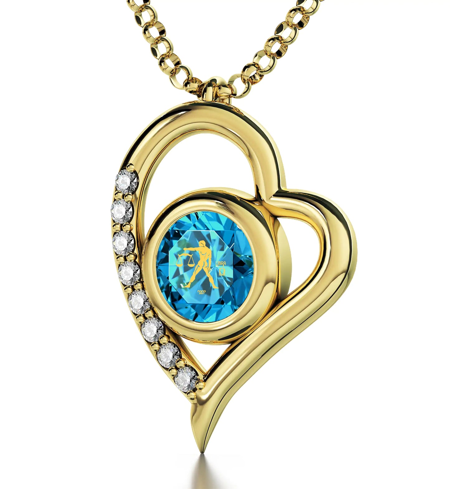 Gold Plated Silver Libra Necklace Zodiac Heart Pendant 24k Gold Inscribed on Crystal