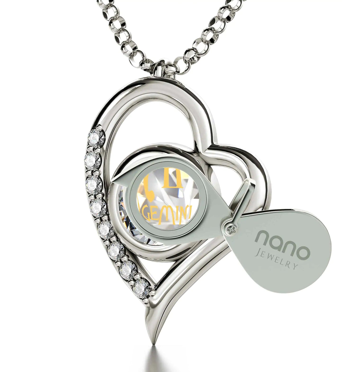 925 Sterling Silver Gemini Necklace Zodiac Heart Pendant 24k Gold Inscribed on Crystal