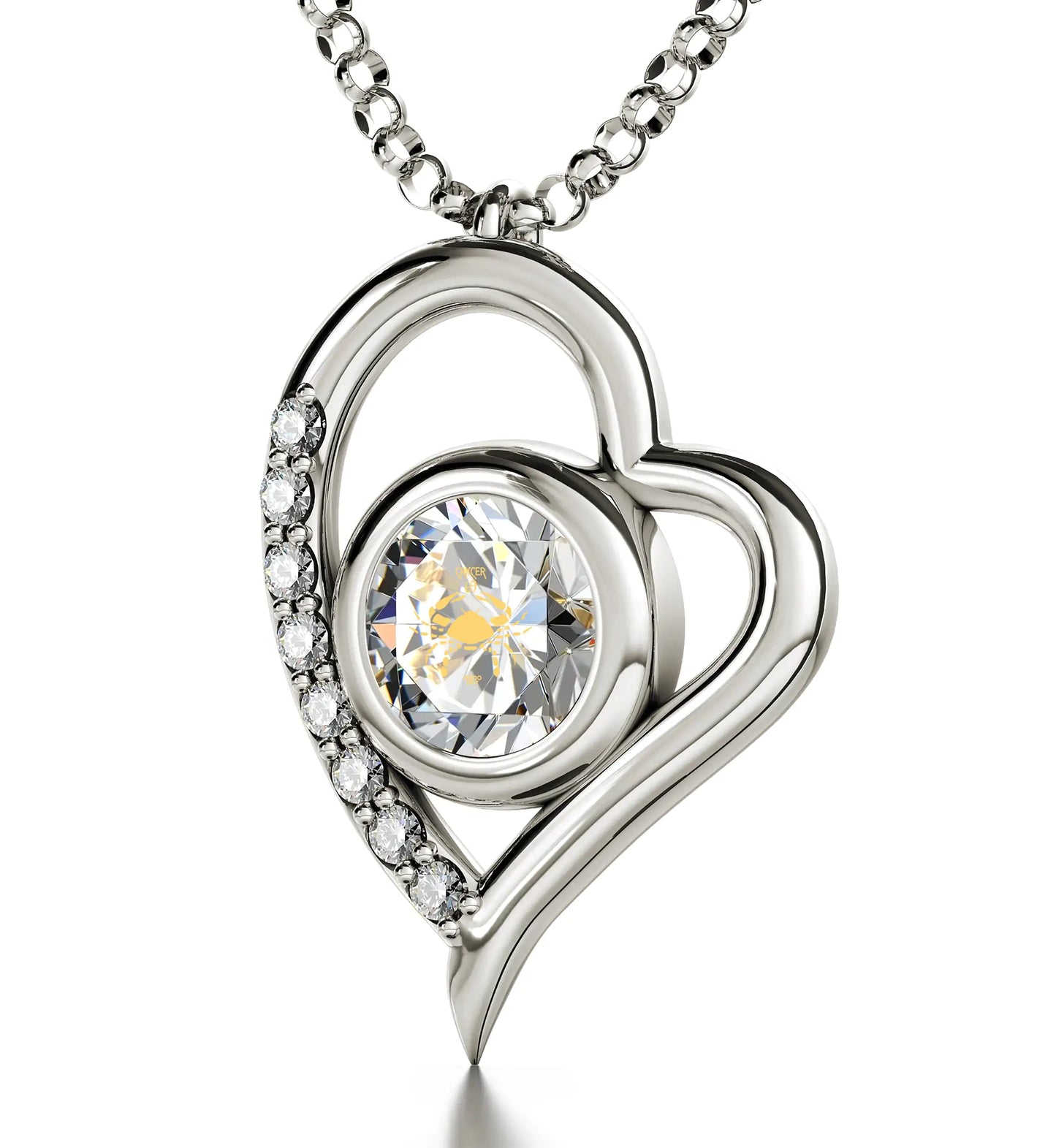 925 Sterling Silver Cancer Necklace Zodiac Heart Pendant 24k Gold inscribed on Crystal