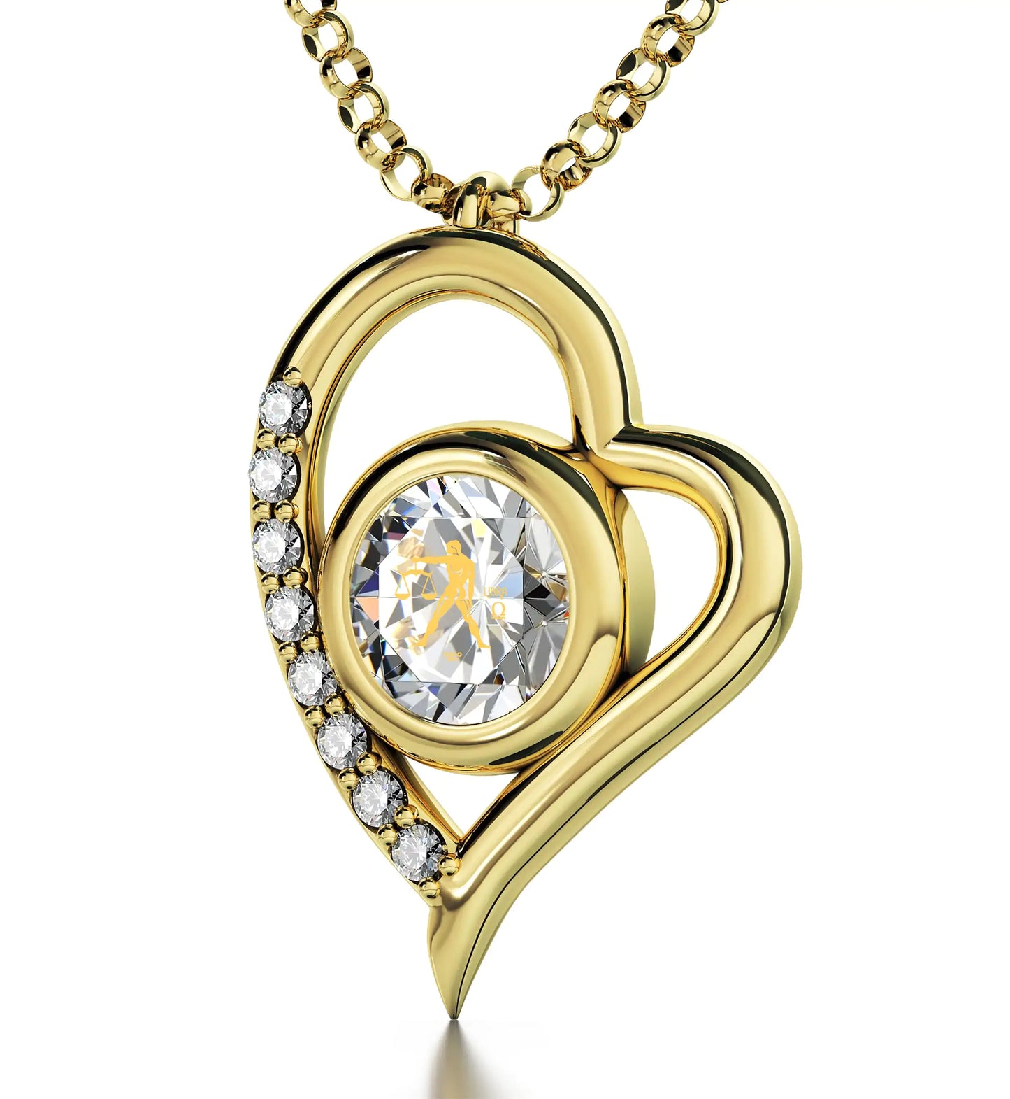 Gold Plated Silver Libra Necklace Zodiac Heart Pendant 24k Gold Inscribed on Crystal