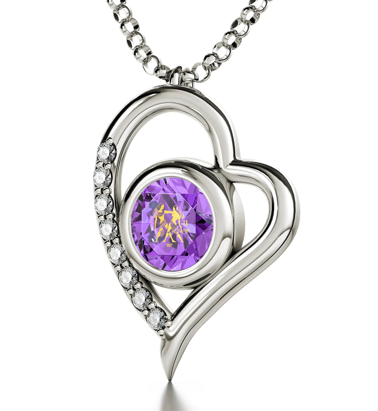 925 Sterling Silver Gemini Necklace Zodiac Heart Pendant 24k Gold Inscribed on Crystal