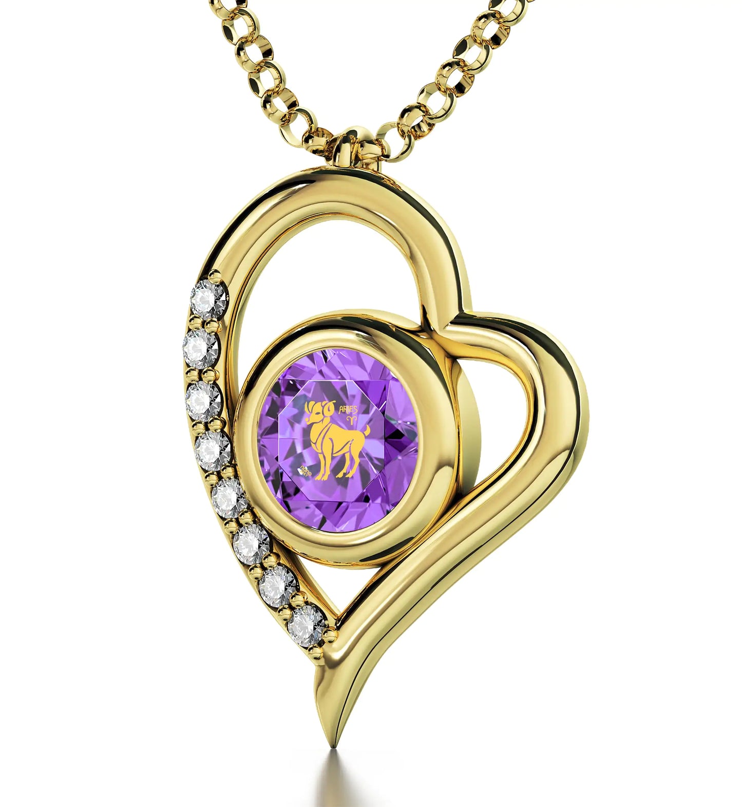 Gold Plated Silver Aries Necklace Zodiac Heart Pendant 24k Gold inscribed on Crystal