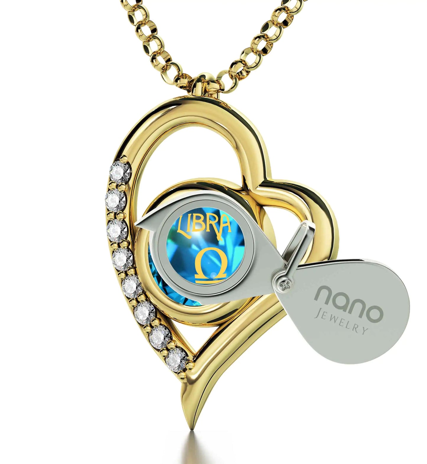 Gold Plated Silver Libra Necklace Zodiac Heart Pendant 24k Gold Inscribed on Crystal