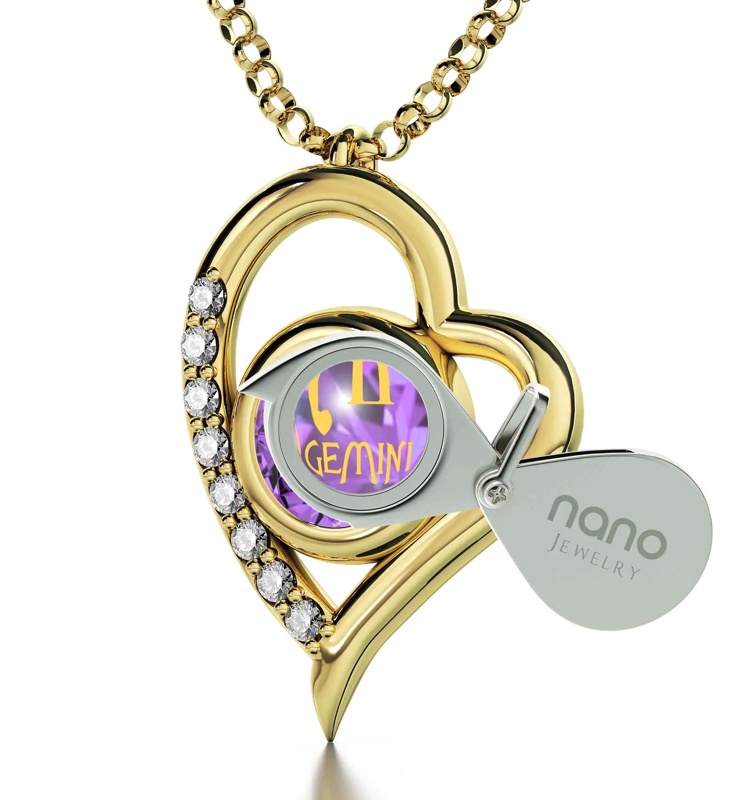 Gold Plated Silver Gemini Necklace Zodiac Heart Pendant 24k Gold Inscribed on Crystal