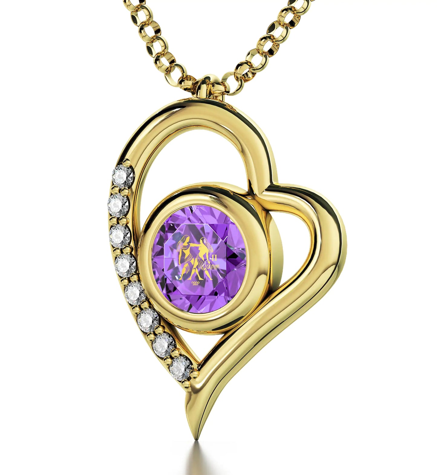 Gold Plated Silver Gemini Necklace Zodiac Heart Pendant 24k Gold Inscribed on Crystal