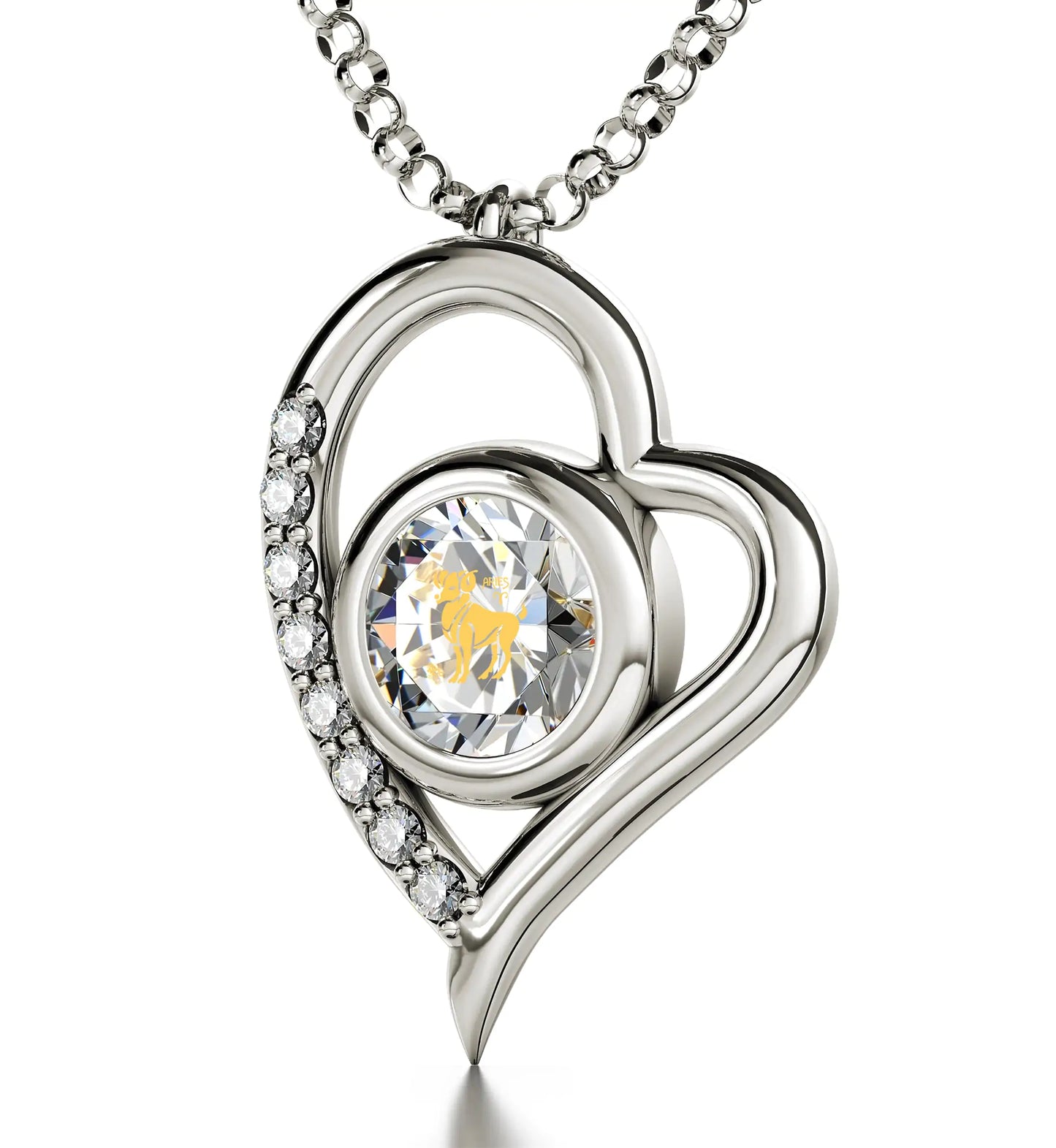 925 Sterling Silver Aries Necklace Zodiac Heart Pendant 24k Gold inscribed on Crystal