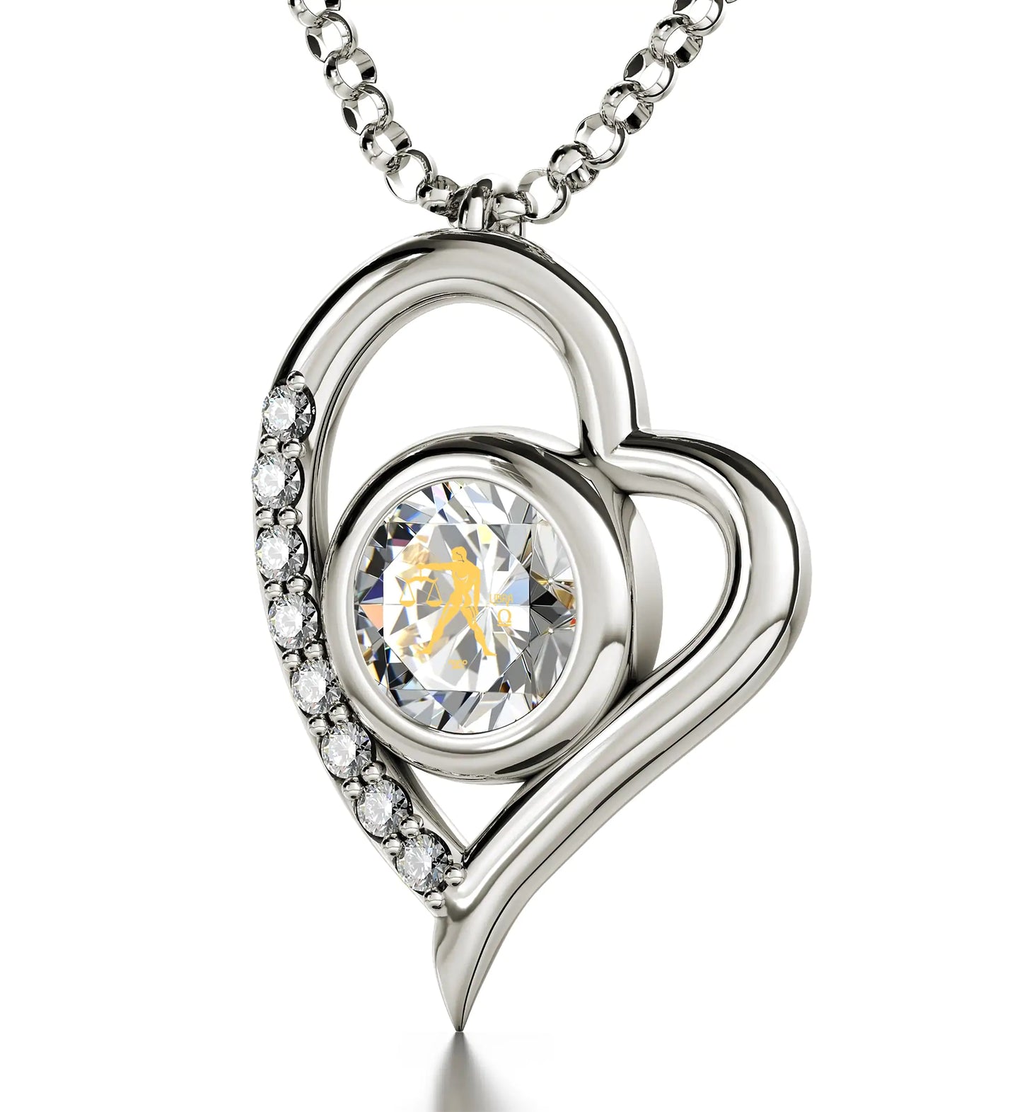 925 Sterling Silver Libra Necklace Zodiac Heart Pendant 24k Gold inscribed on Crystal